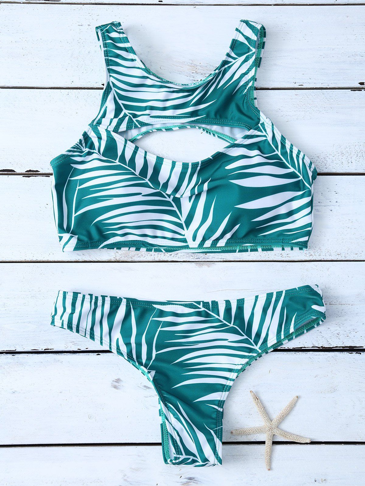 

Leaf Print Cut Out Bikini Set, Green