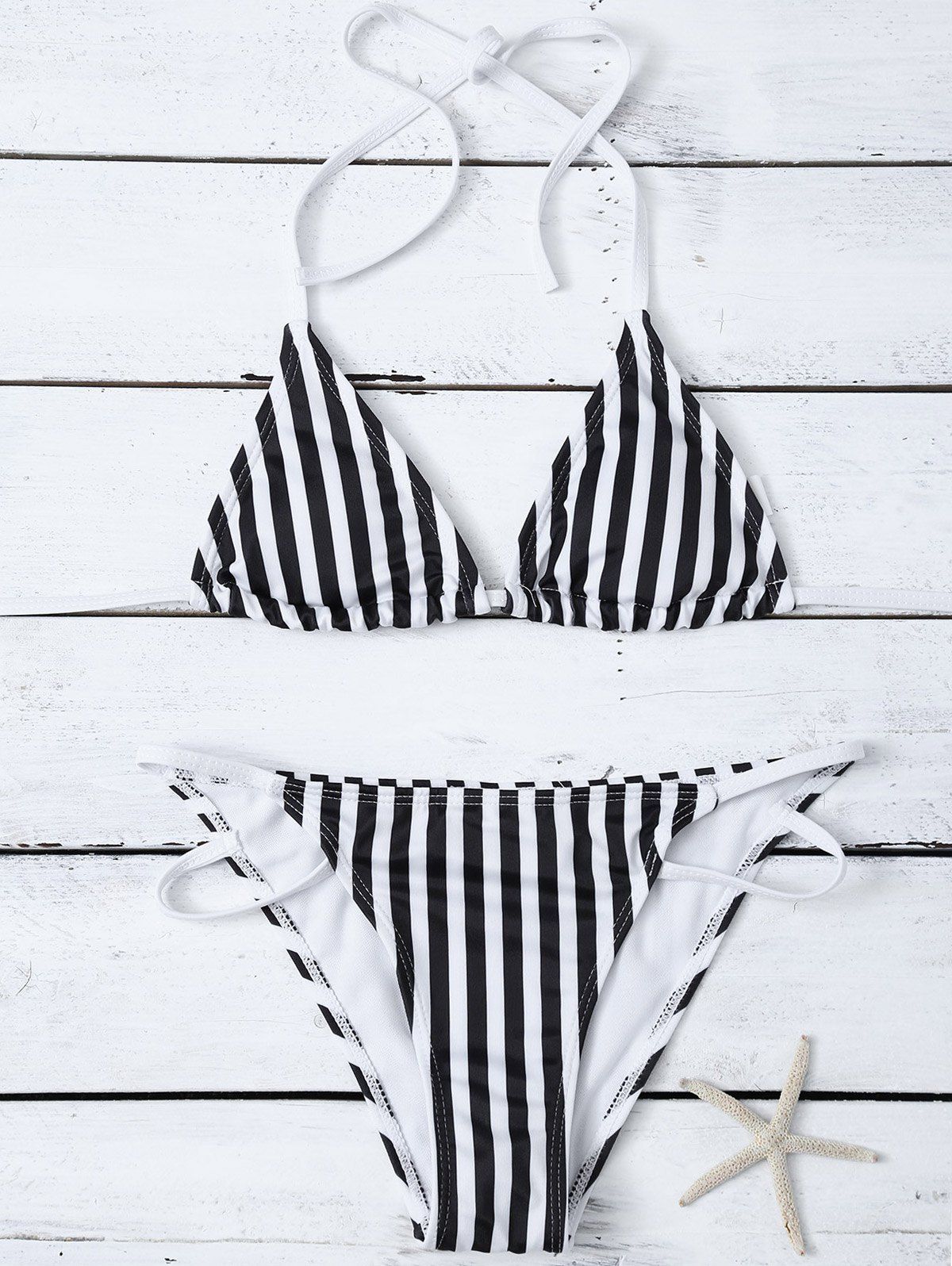 

Halter Striped Bikini Set, White and black