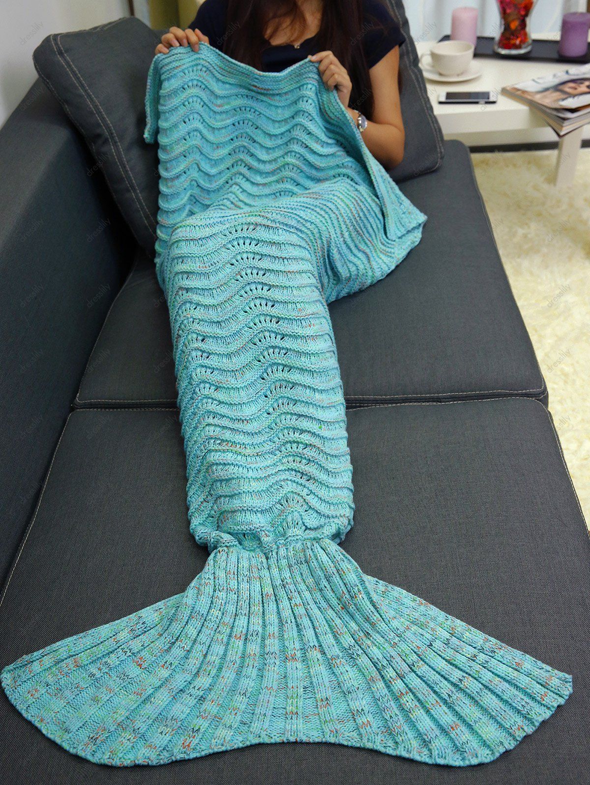 2018 Wave Stripe Knitting Sleeping Bag Bedding Mermaid Blanket BLUE
