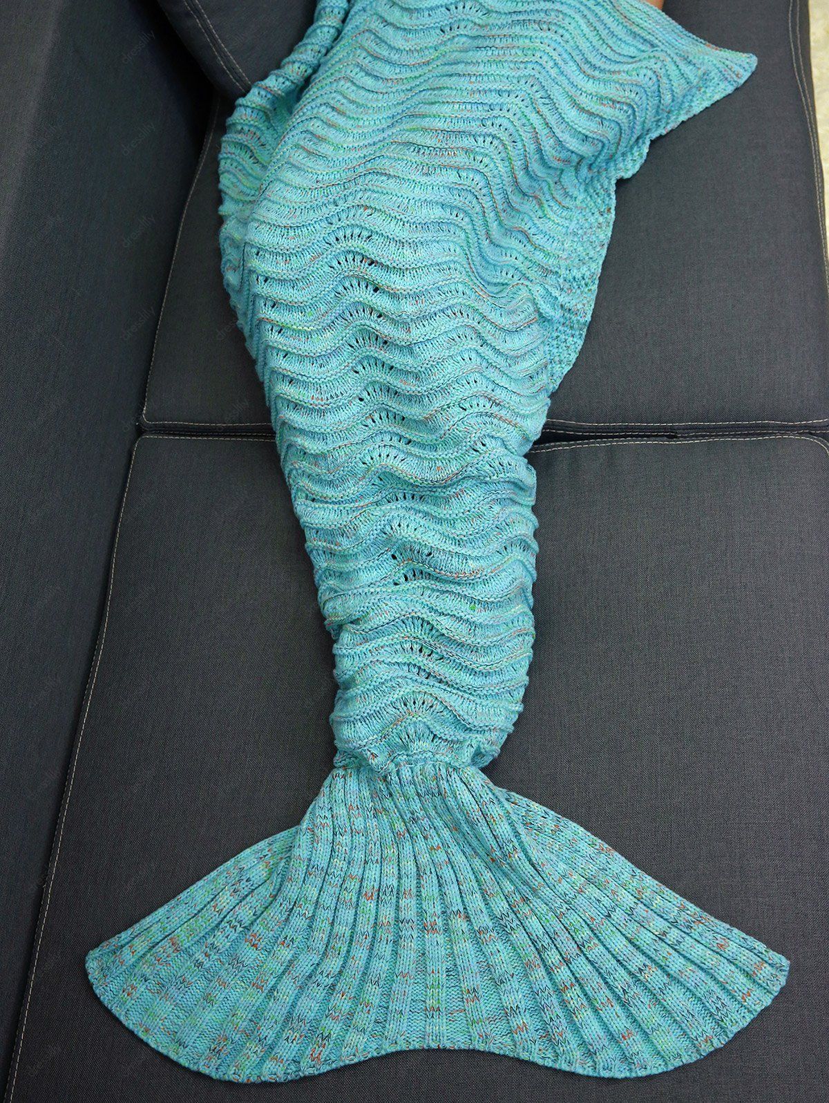2018 Wave Stripe Knitting Sleeping Bag Bedding Mermaid Blanket BLUE