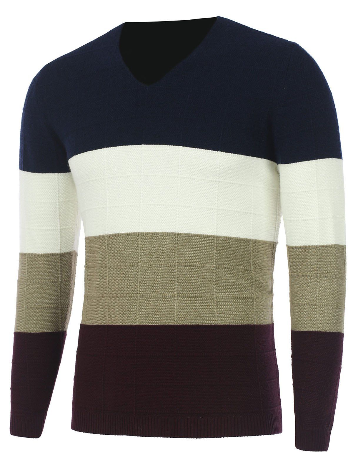 Color Matching V Neck Texture Knit Sweater, CADETBLUE, L in Cardigans ...