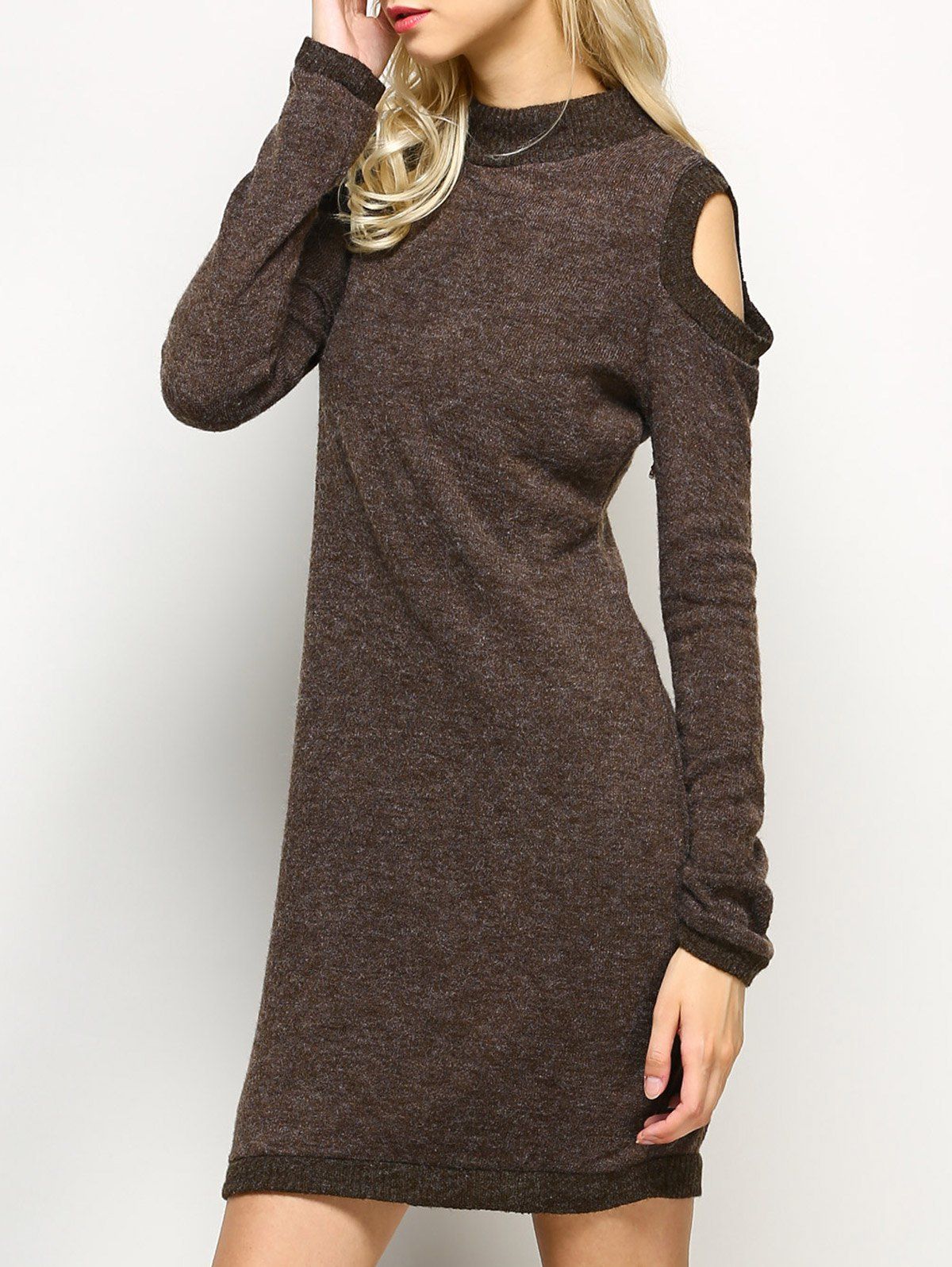 

Long Sleeve Cold Shoulder High Neck Bodycon Dress, Light coffee