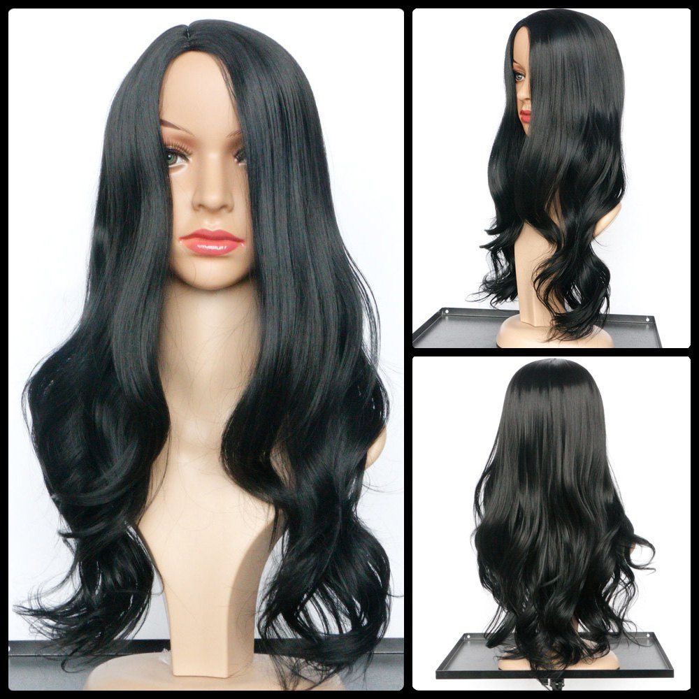 17 Off 2021 Elegant Womens Black Long Middle Part Wavy Wig