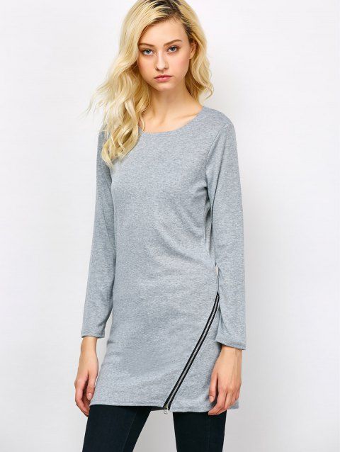 [17% OFF] 2019 Side Zip Long Sleeve Tee In GRAY S | DressLily.com