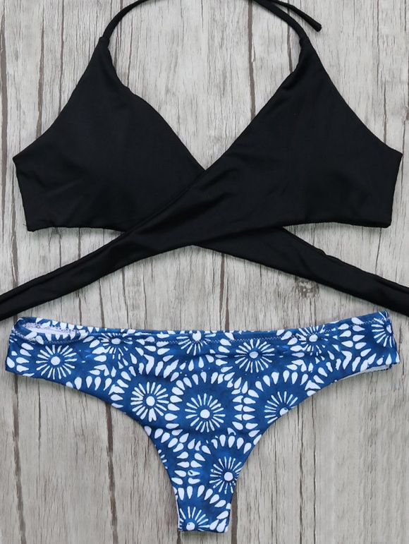 top de bikini à croisillons avant et miniscule  imprimé à motif floral - Bleu et Noir S