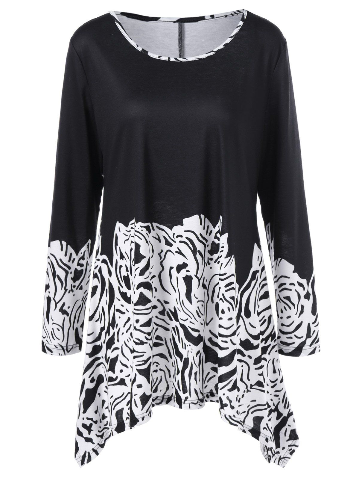 

Plus Size Printed Asymmetric Longline T-Shirt, White and black