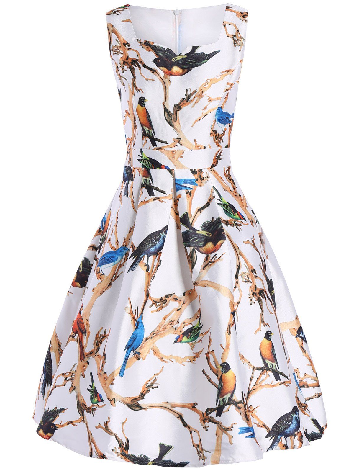 41 Off 2021 Sleeveless Bird Printed Midi Flare Dress In White Dresslily 1337