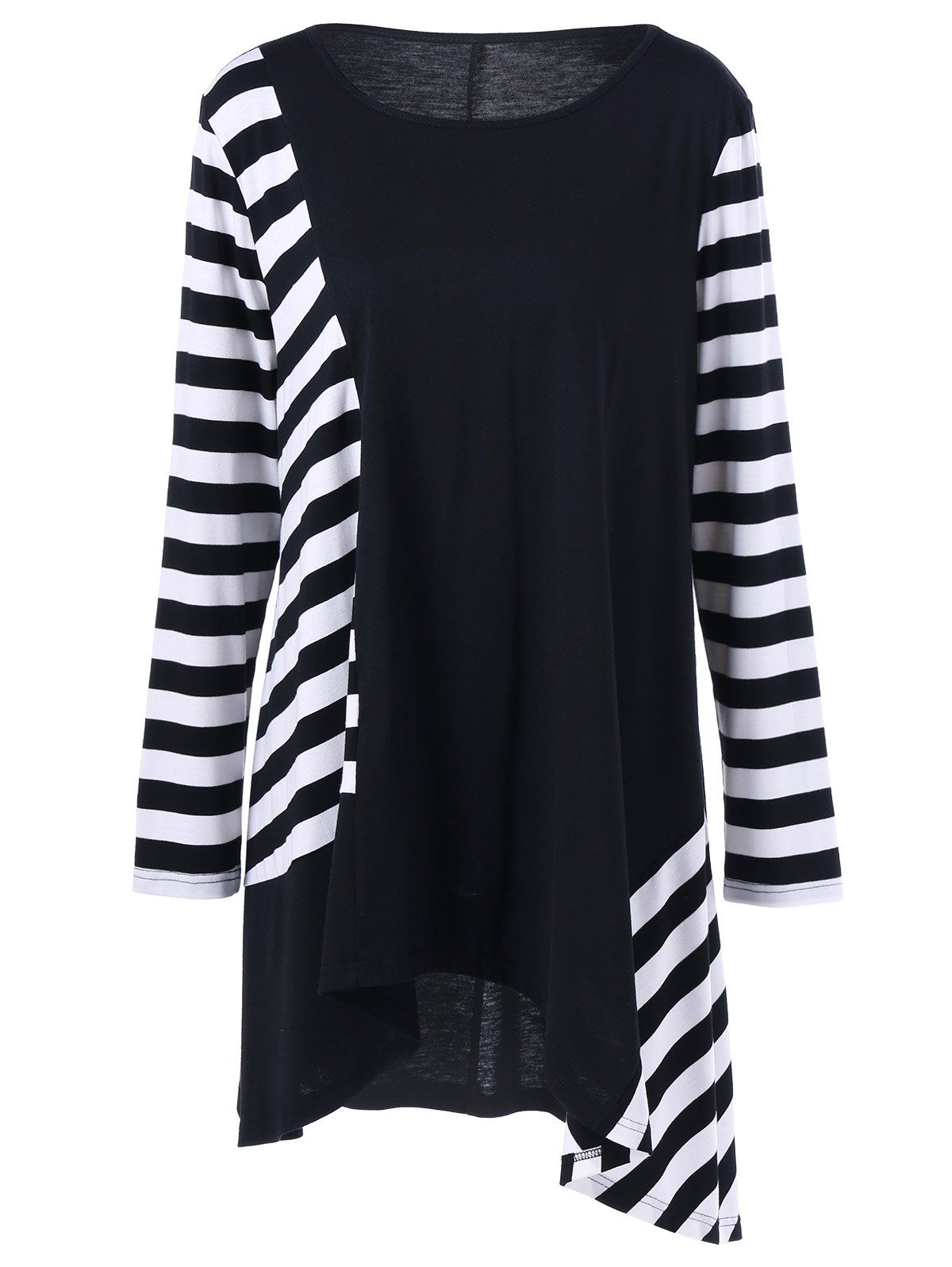 

Plus Size Striped Color Block Asymmetric T-Shirt, White and black