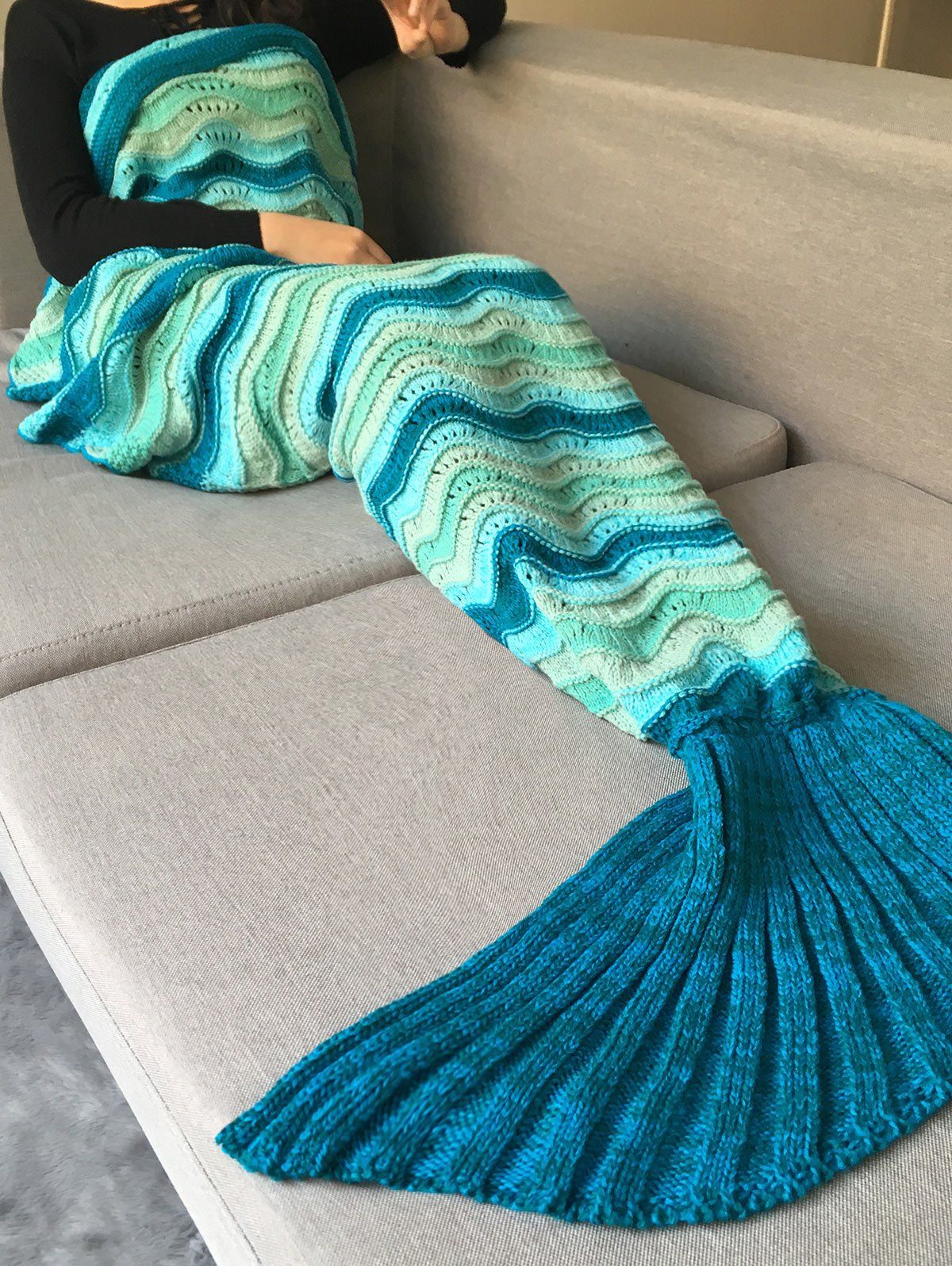 2018 Hollow Out Wave Striped Crochet Knit Mermaid Blanket Throw