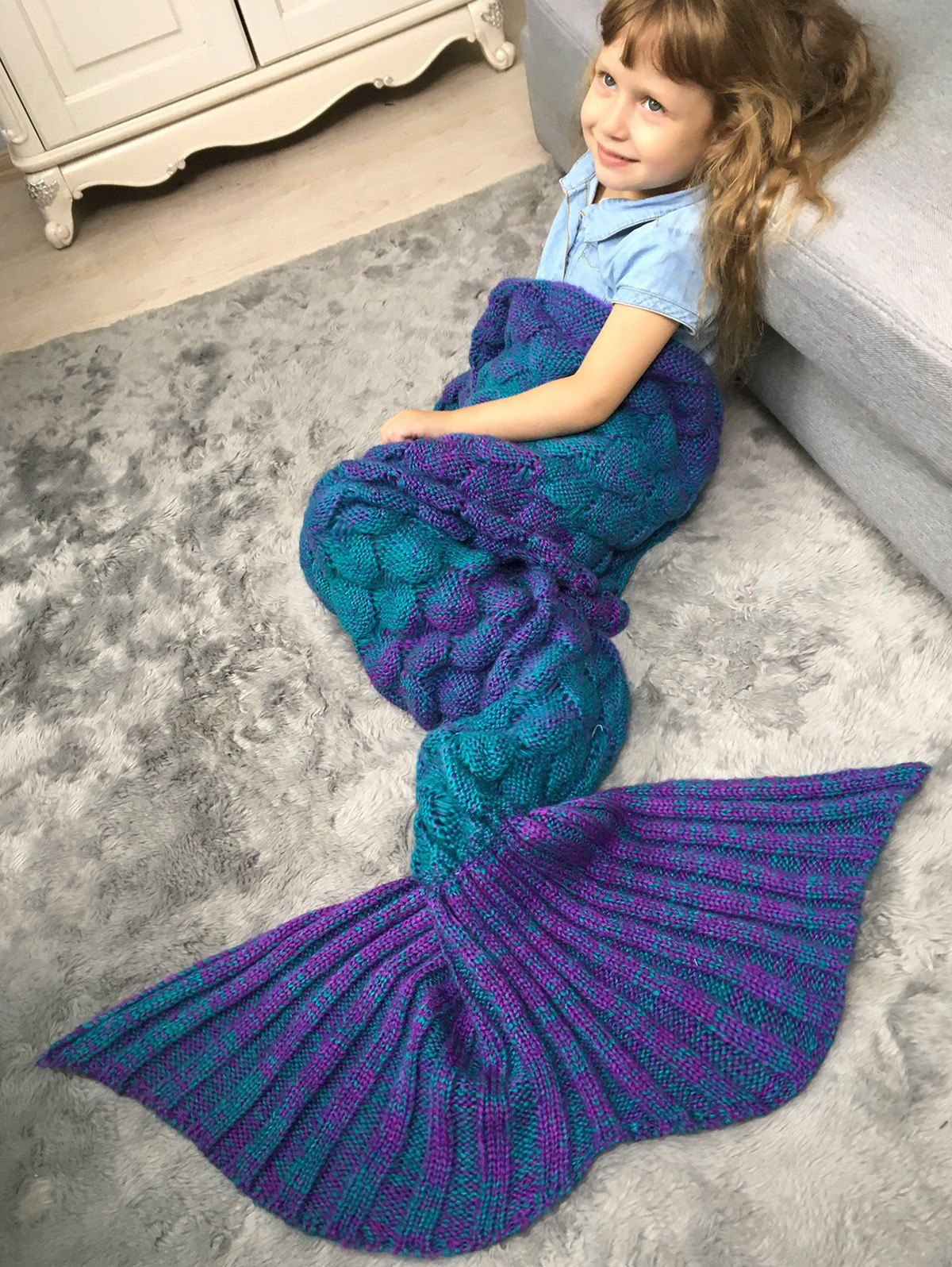 

Color Block Fish Scale Crochet Knit Mermaid Blanket Throw For Kids, Colormix