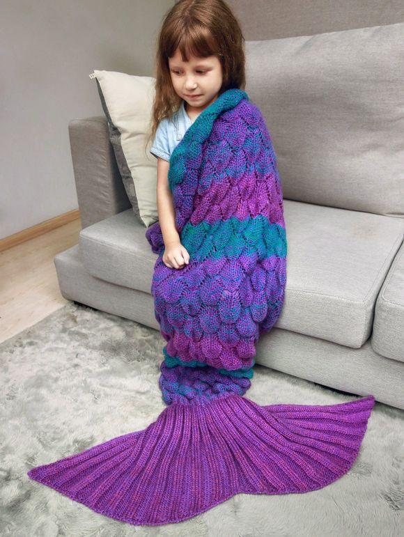 Couverture a couleurs en forme de queue de sirène a écaille de poisson tricotée pour enfants - Violet Rose 