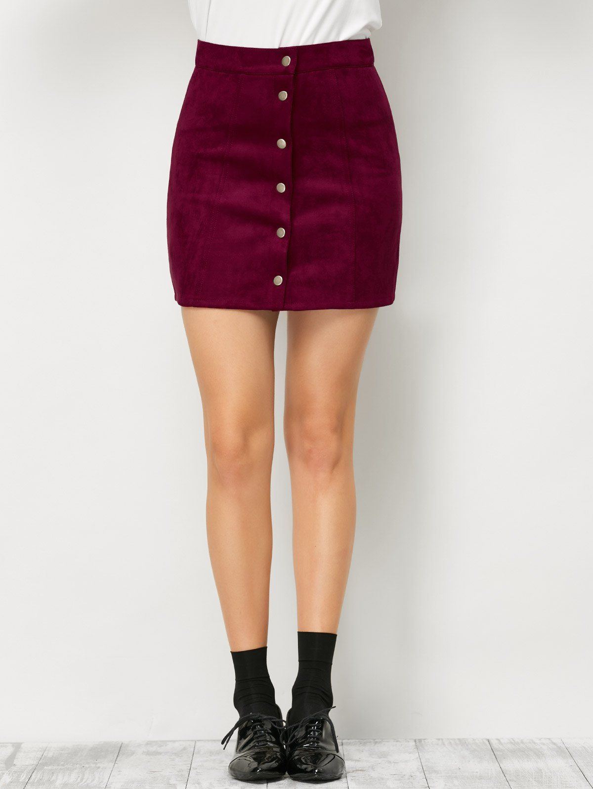 [17% OFF] 2021 Mini Suede Button Up Skirt In WINE RED | DressLily