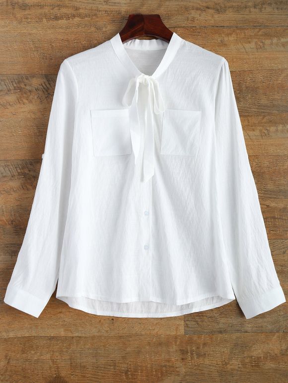 Bouton à manches longues Up Pussy Bow Shirt - Blanc S