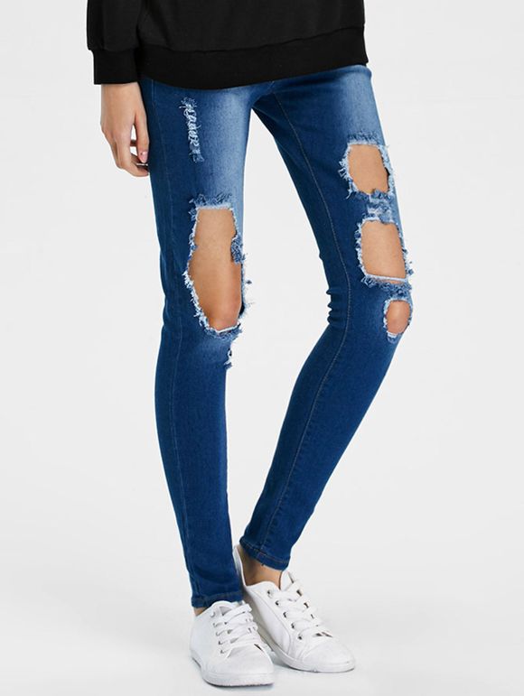 Pantalon jean crayon déchirée - Bleu profond XL