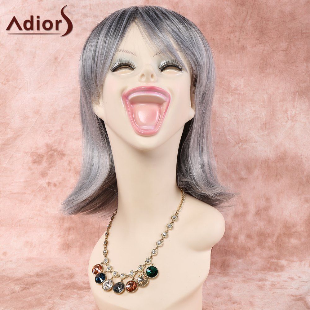

Women's Short Side Bang Gray Mixed White Straight Ladylike Adiors Synthetic Hair Wig, Grey and white