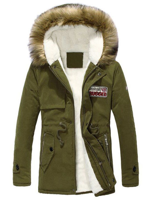 

Long Sleeve Zippered Drawstring Fur Hooded Sherpa Coat, Army green