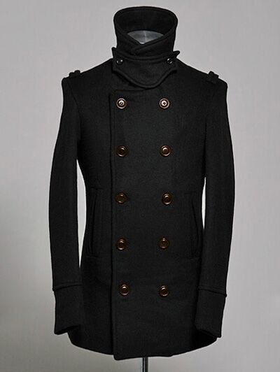 Manteau en laine mélangée avec col à revers à double boutonnage - Noir 2XL