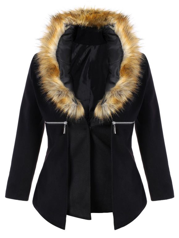 Manteau grande taille a col en fourrure - Noir 3XL