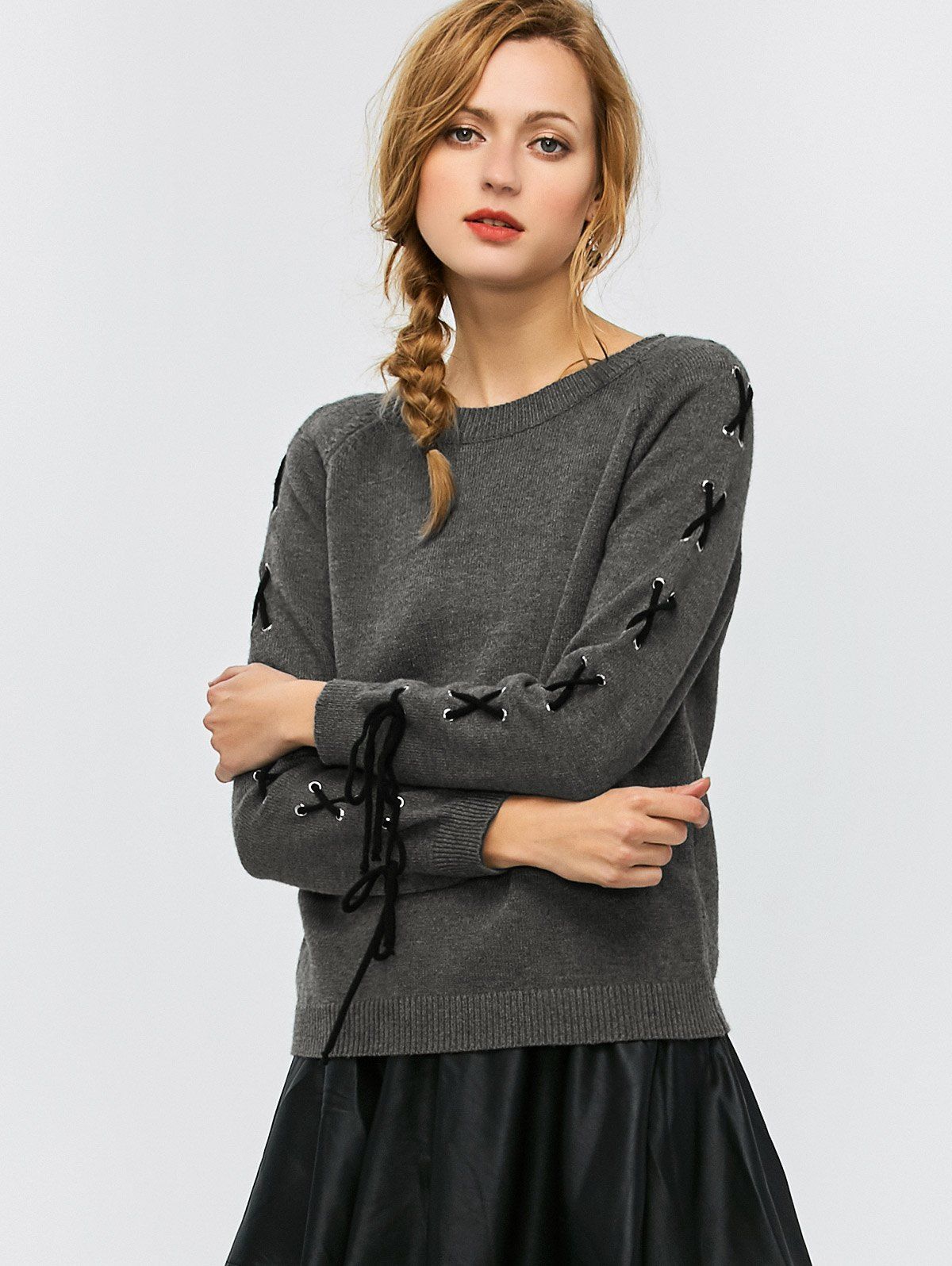 

Crew Neck Lace-Up Sweater, Gray