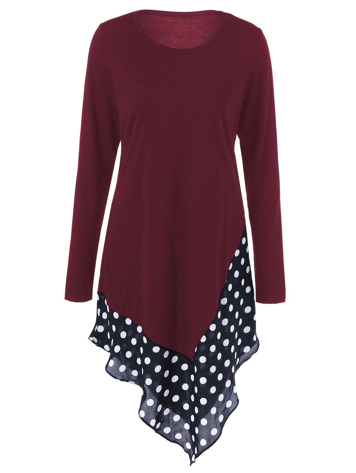 

Asymmetrical Polka Dot Long Sleeve Tee, Burgundy