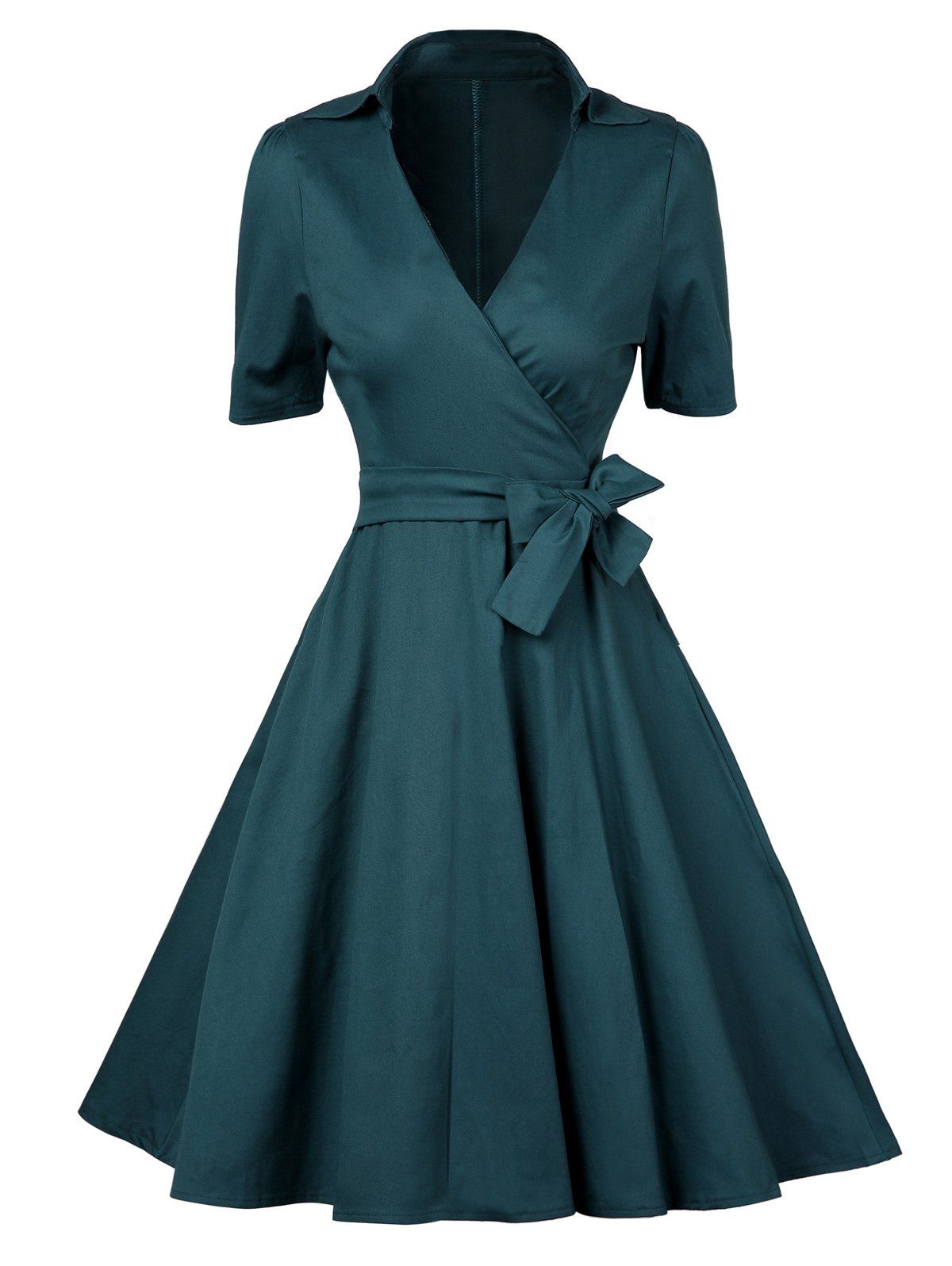 Vintage Plunge Work Wrap Swing A Line Dress - BLACKISH GREEN M