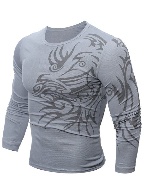 

Round Neck Tattoo Print T-Shirt, Gray