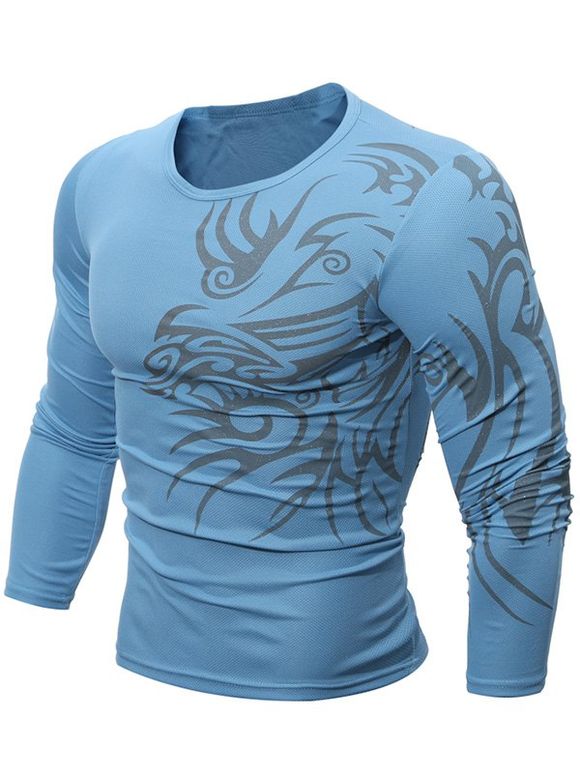 T-shirt à col rond imprimé de motif de tatouage et à manches longues - Bleu 2XL