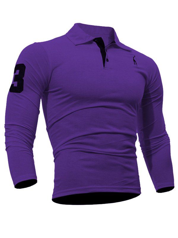 

Long Sleeve Buttoned Number Patch T-Shirt, Purple