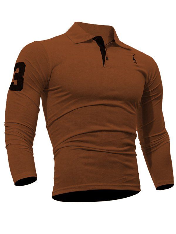 

Long Sleeve Buttoned Number Patch T-Shirt, Coffee