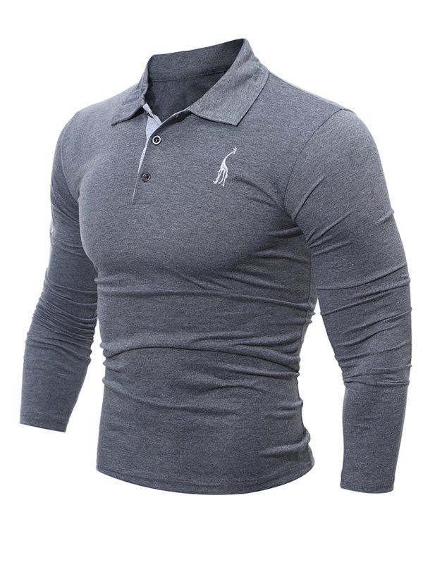 

Long Sleeve Buttoned Number Patch T-Shirt, Deep gray