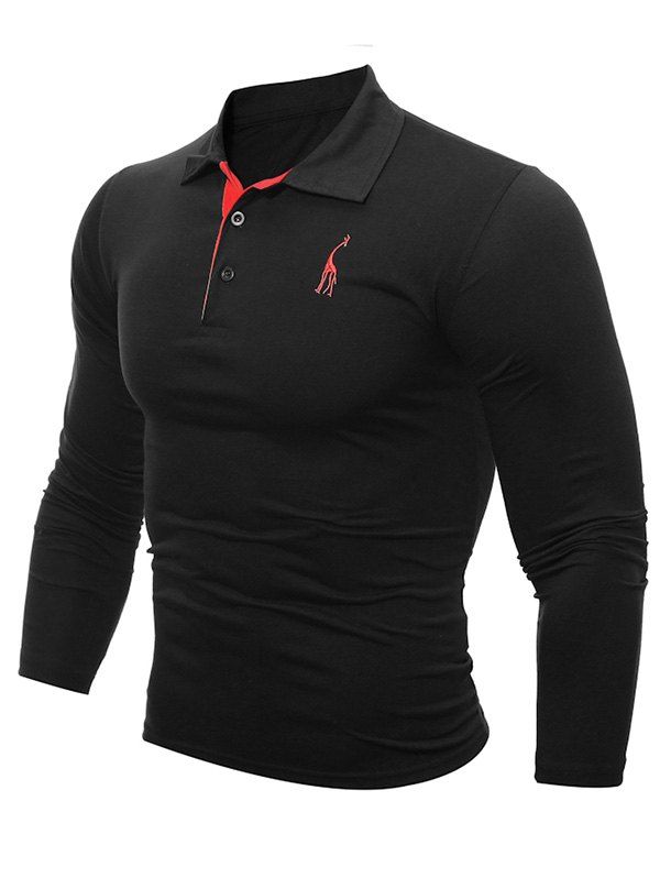 

Long Sleeve Buttoned Number Patch T-Shirt, Black