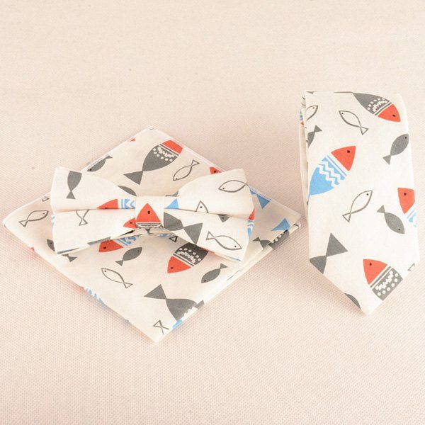 

Cartoon Fish Doodle Print Tie Bowtie and Handkerchief, Off-white
