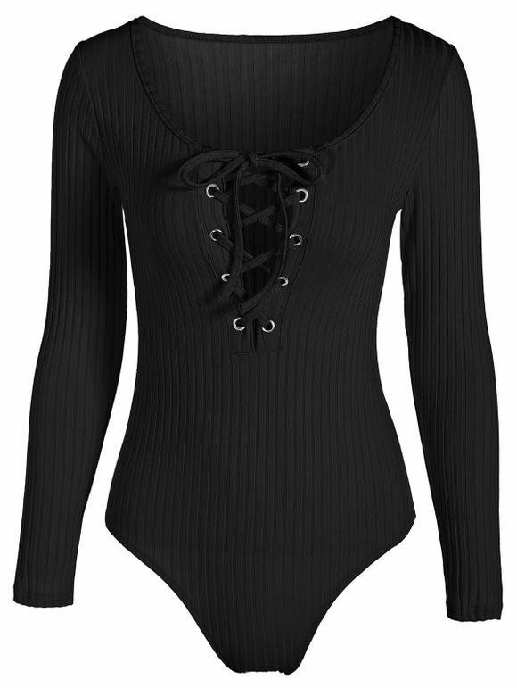 Long Sleeve Lace Up côtelé Bodysuit - Noir M