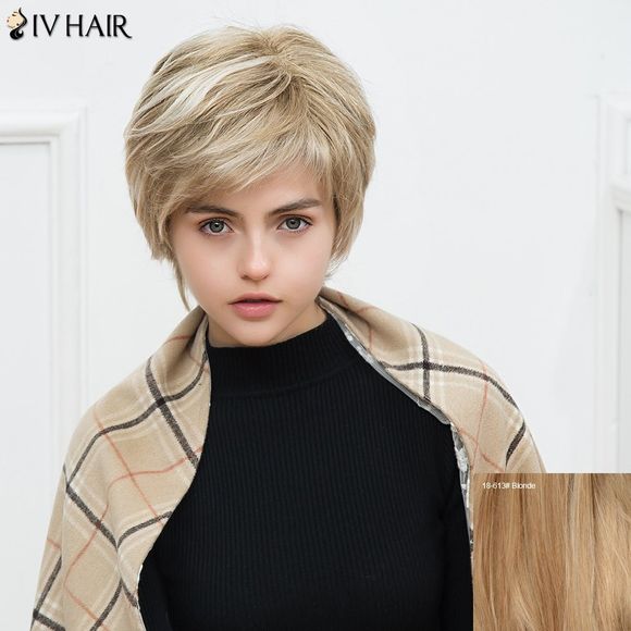 Perruque de cheveux humains Siv courte droite stratifiée avec frange oblique - Blonde 