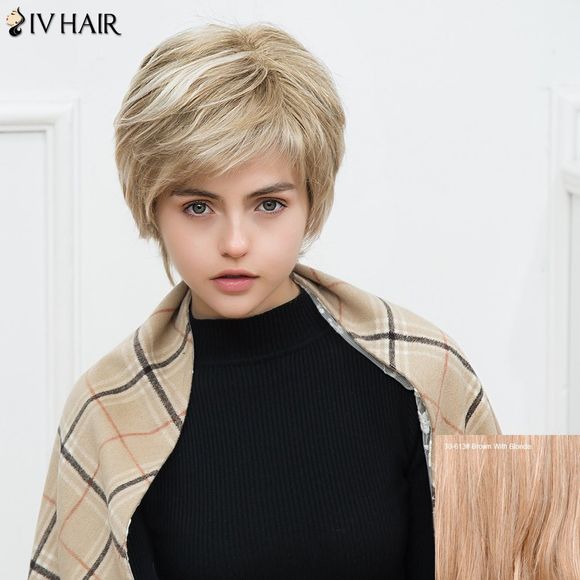 Perruque de cheveux humains Siv courte droite stratifiée avec frange oblique - Brun Avec Blonde 