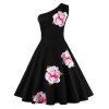 Robe évasée a une épaule avec fleur brodée - Noir L