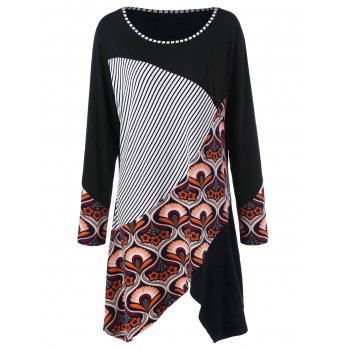 

Plus Size Striped and Floral Asymmetrical T-Shirt, Colormix