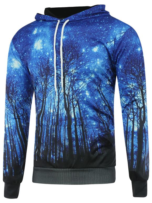 Sweatshirt à capuche à manches longues avec impression de galaxie et branches d'arbre - Bleu L