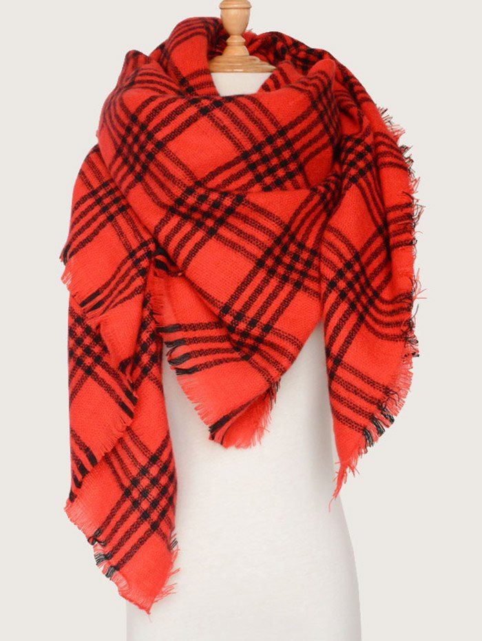 

Plaid Pattern Shawl Wrap Blanket Scarf with Fringed, Red