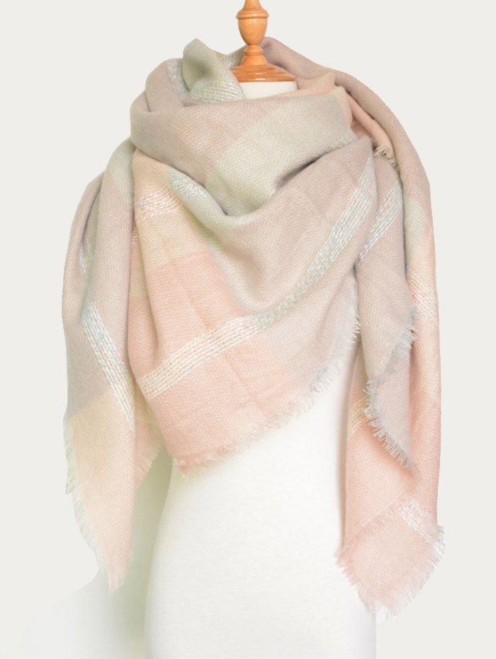 

Plaid Pattern Knit Blanket Shawl Wrap Scarf with Fringed, Pink