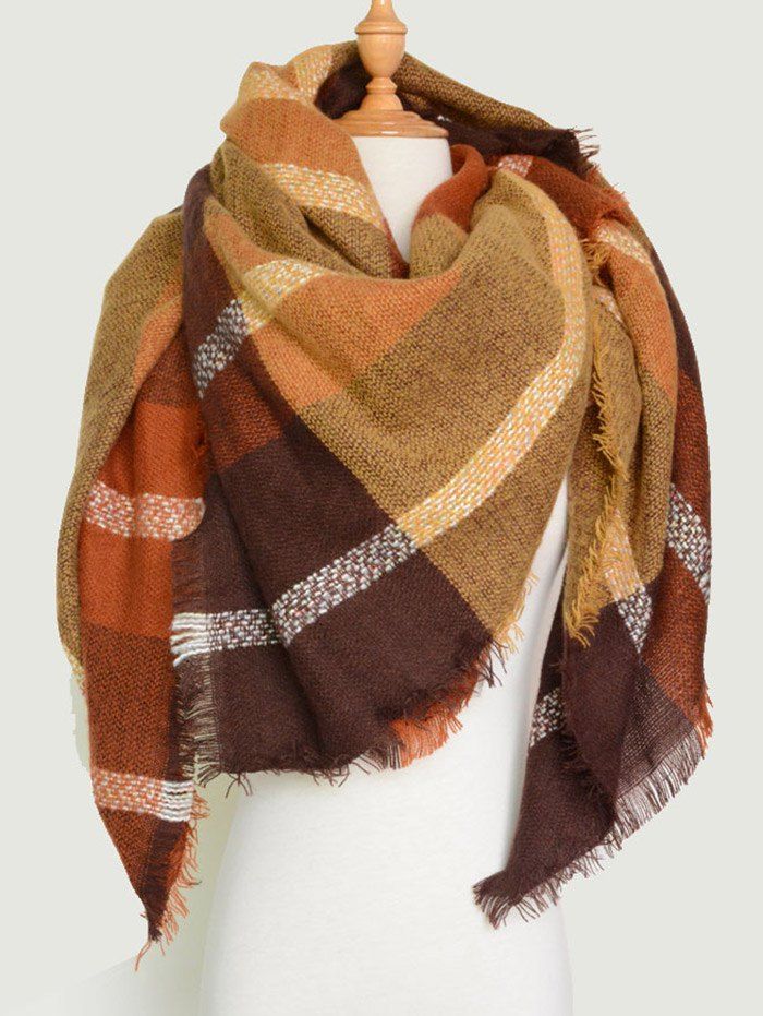 

Plaid Pattern Knit Blanket Shawl Wrap Scarf with Fringed, Brown