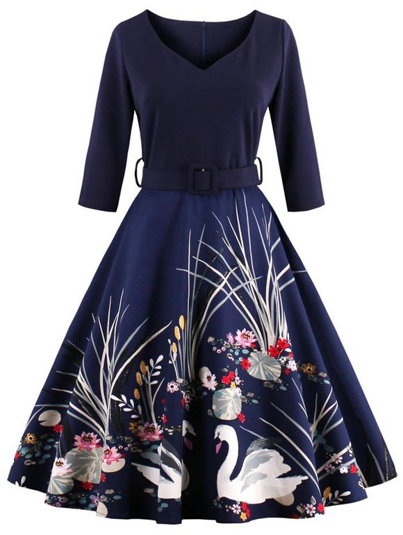 Robe vintage taille haute imprimée avec ceinture - Bleu Violet 3XL
