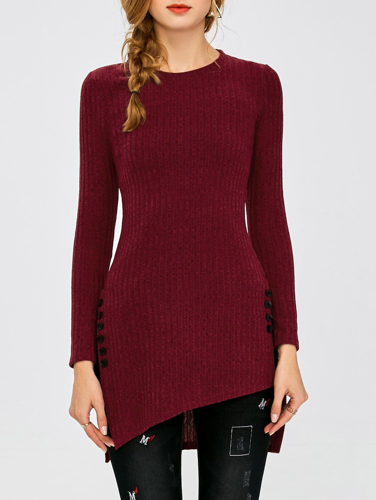 Ribbed Asymmetrical Side Slit Buttoned Knitwear, BURGUNDY, XL in ...