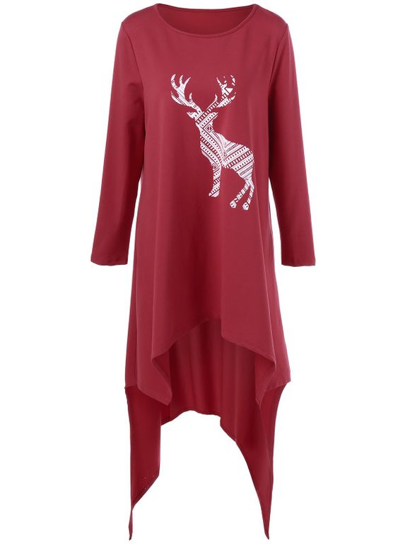 T-shirt imprimé asymétrique cerf grande taille - Rouge XL
