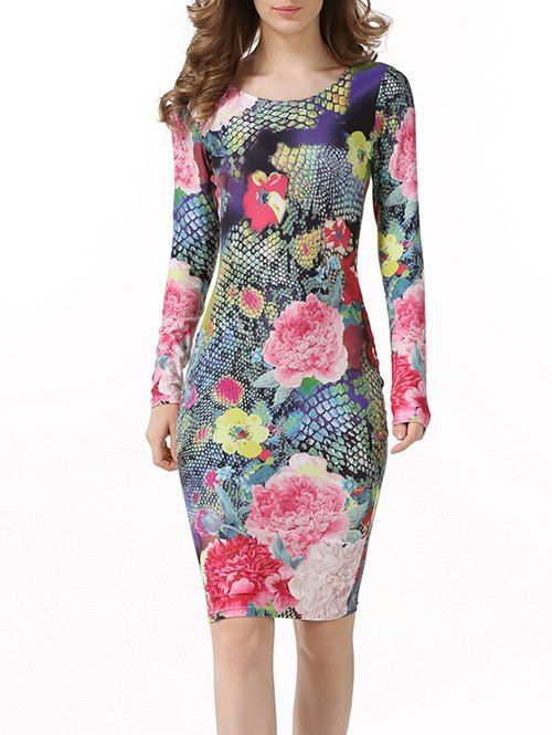 Robe moulante à manches longues et imprimé fleurs - multicolore S