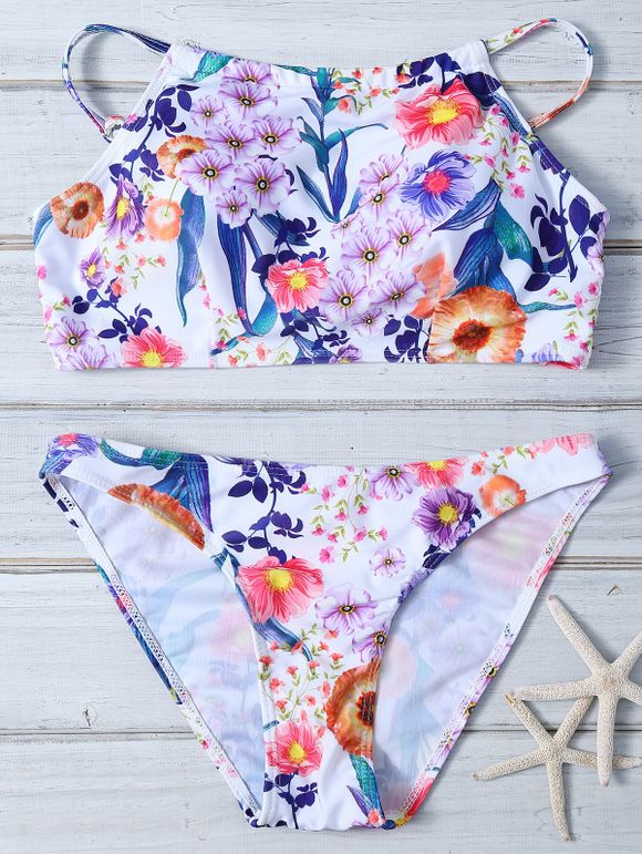 Bikini à imprimé floral tropicale et col montant - Blanc L