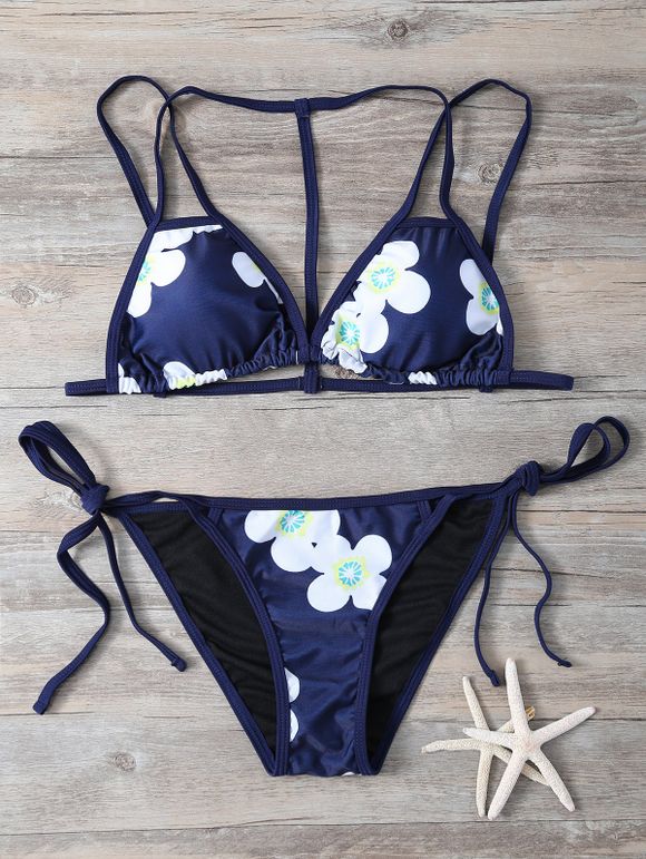 Bikini rayé avec impression florale - Bleu Violet S