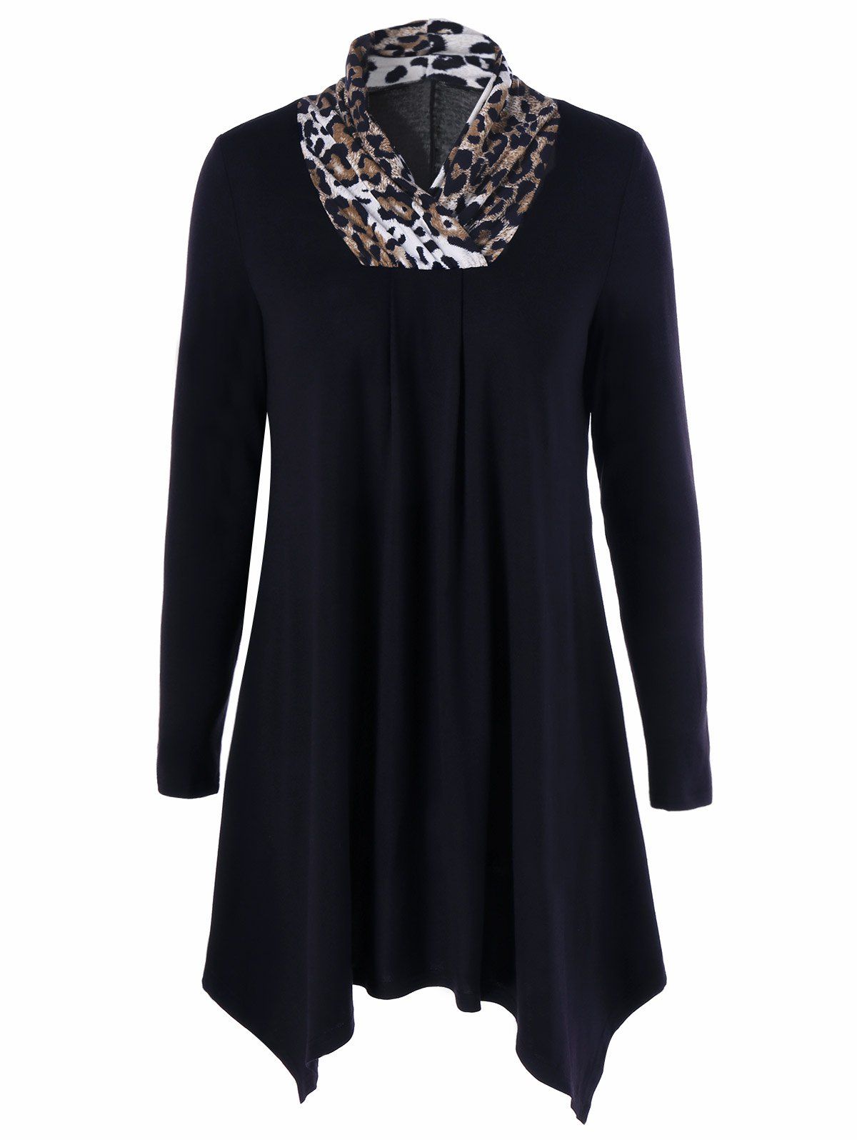 

Leopard Trim Longline Asymmetrical T-Shirt, Black