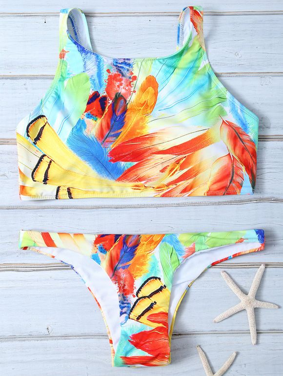 Bikini à col montant avec impression de plumes colorées - multicolore L