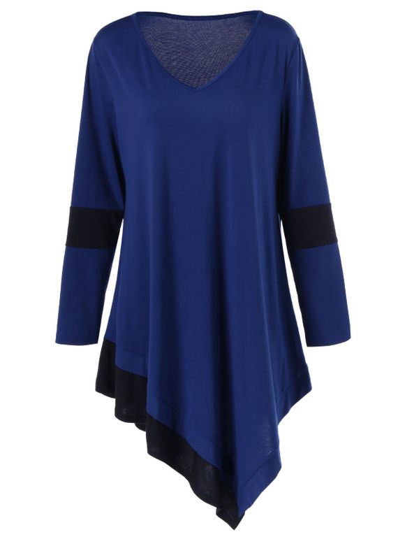 T-Shirt asymétrique long à grande taille - Bleu et Noir 2XL